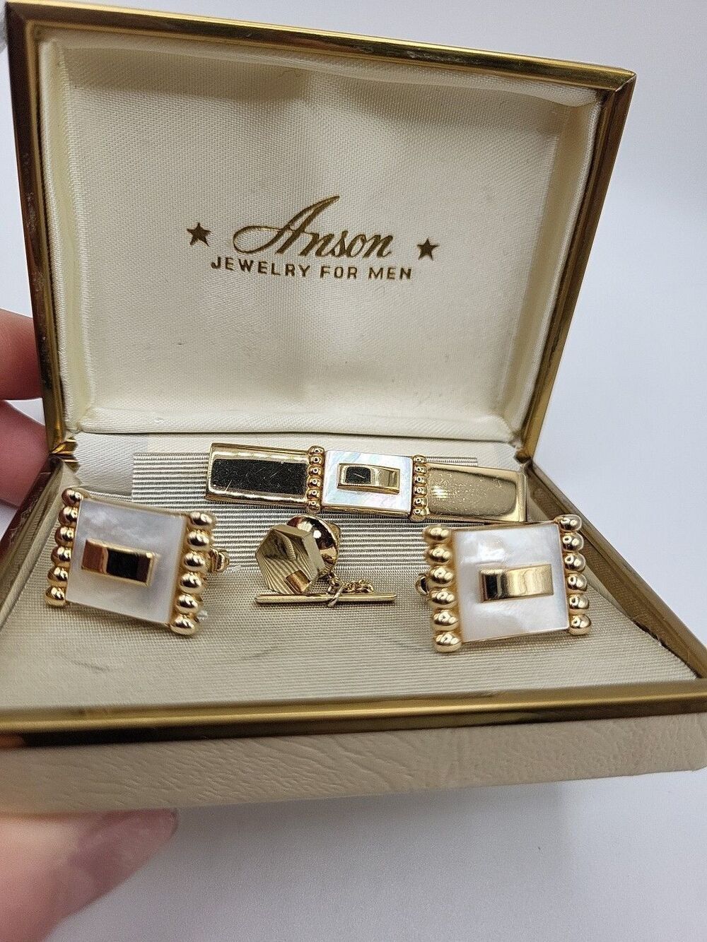 Anson Cufflinks, Tie Clip & Button Pin Abalone New In Box